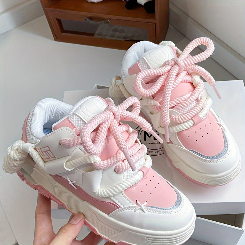 Cute Women's Chunky Pink Lace-Up Sneakers