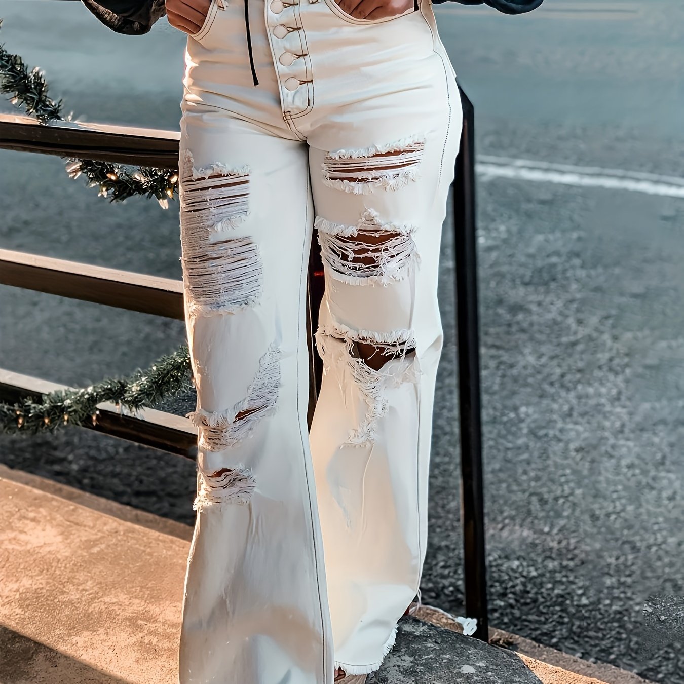 Women's Sexy Ripped Flare Jeans with Single Breasted Button Closure
