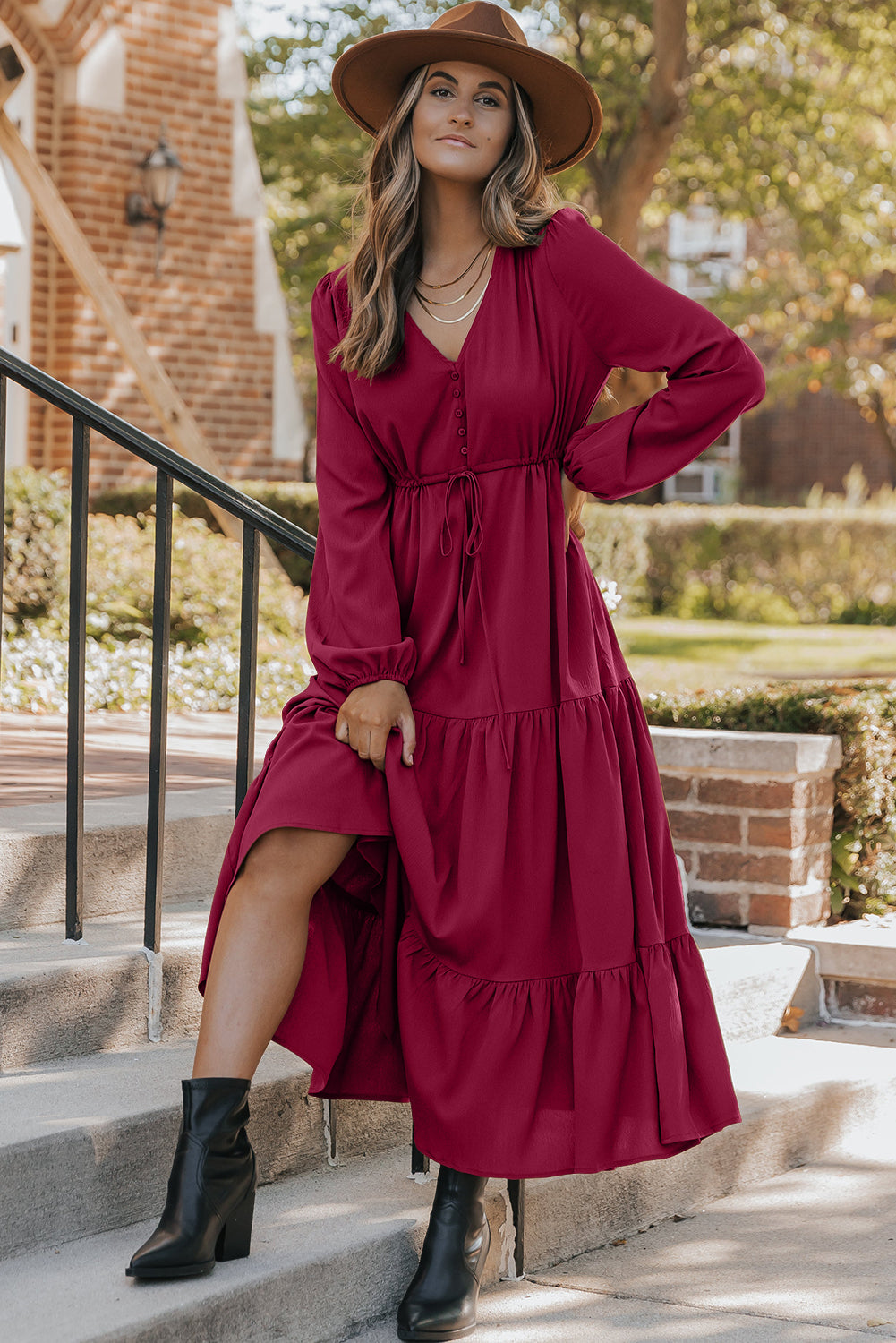 Burgundy Solid Long Sleeve Button V Neck Tiered Maxi Dress