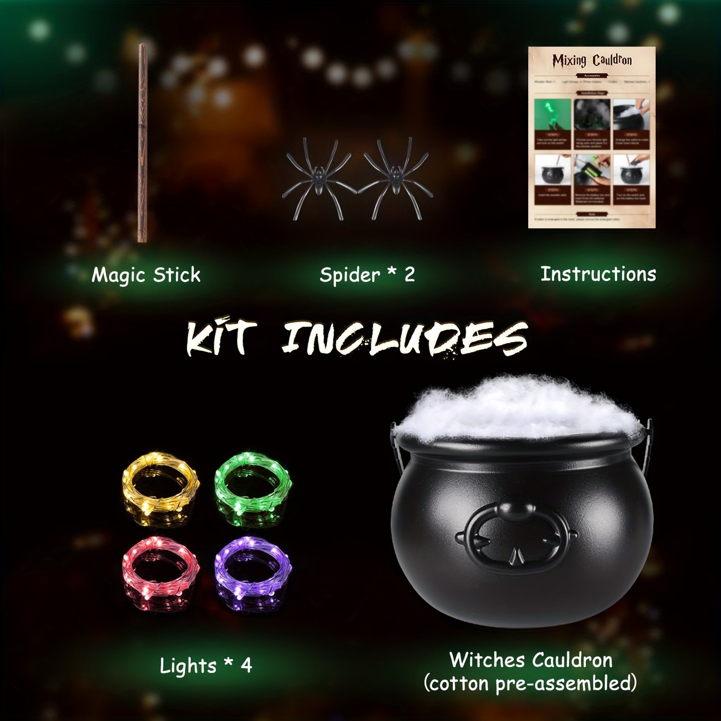 Magic Automatic Rotating Stirring Cauldron with 4 LED Light Strings