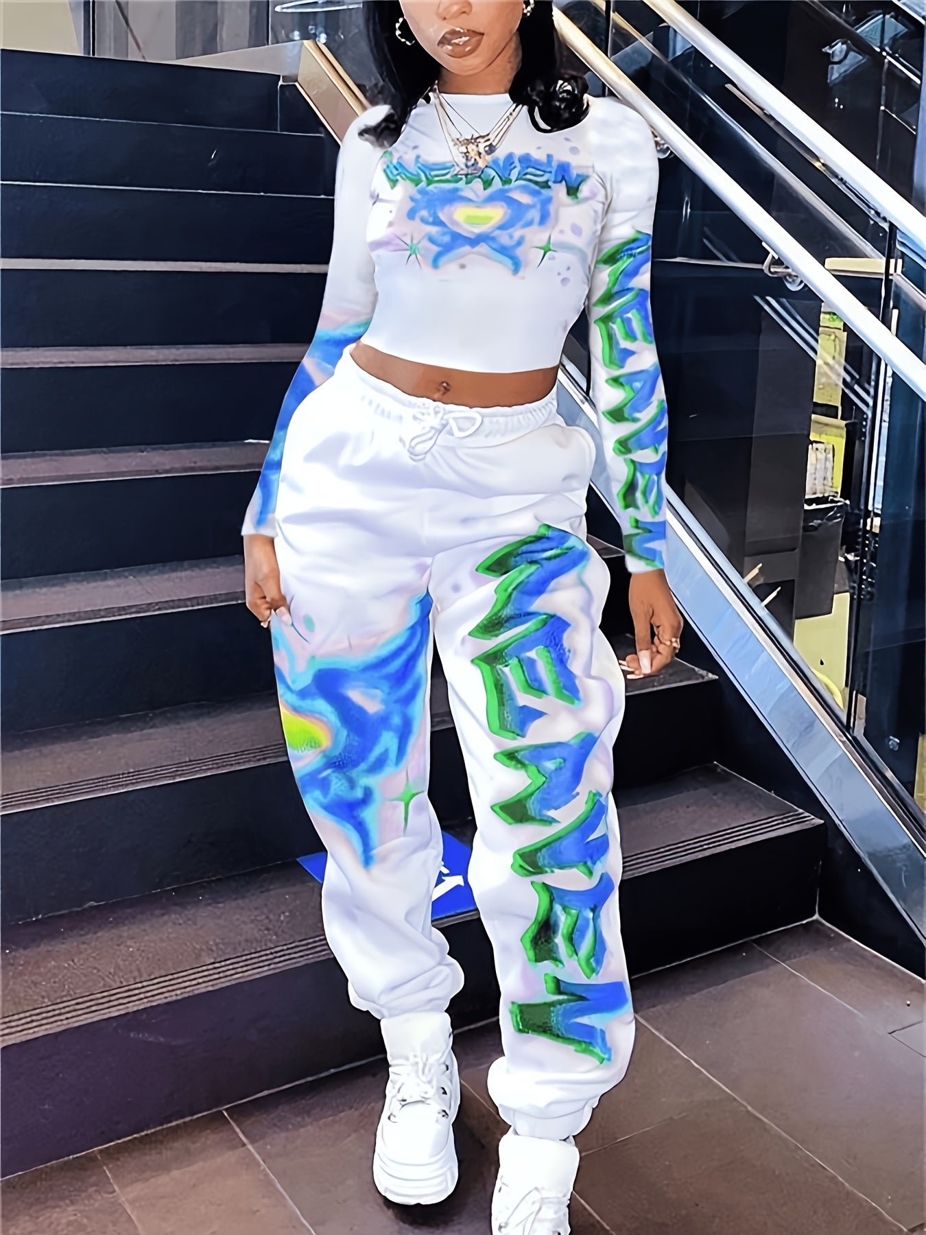 Women's Heart and Letter Print Long Sleeve Top and Waist Pants Set with Pockets