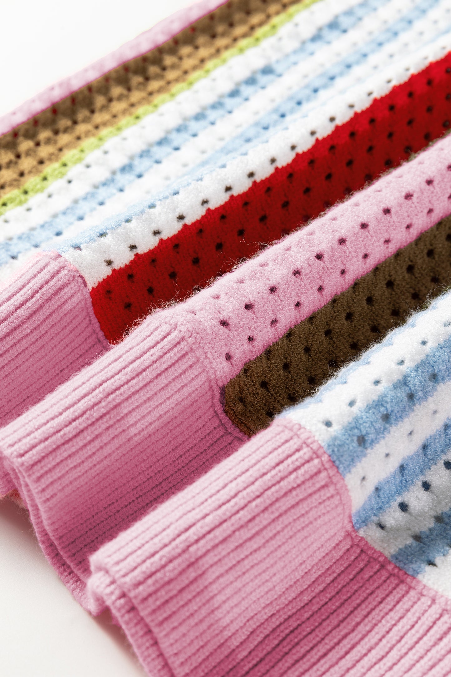 Multicolor Striped Pointelle Knit Short Sleeve Sweater