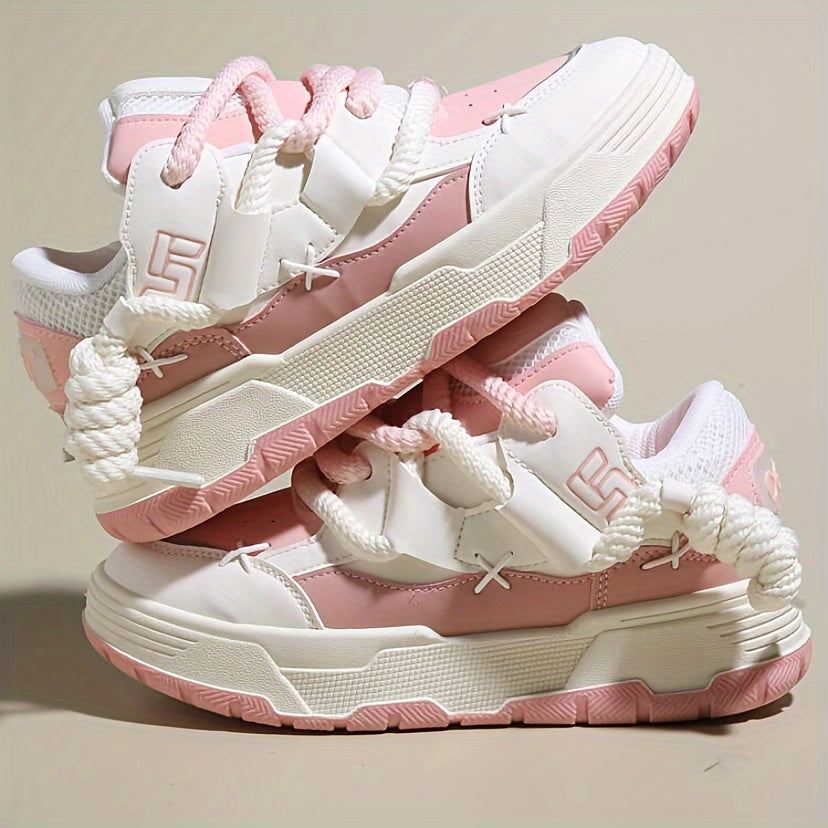 Cute Women's Chunky Pink Lace-Up Sneakers
