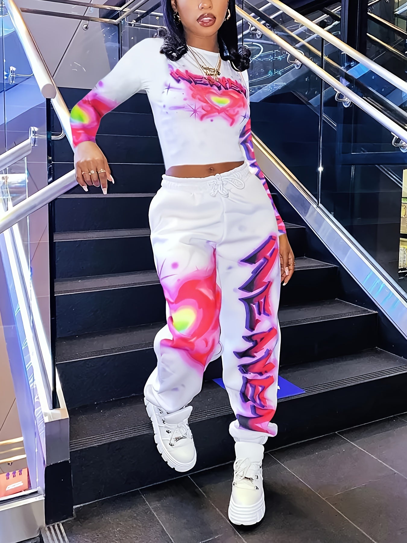 Women's Heart and Letter Print Long Sleeve Top and Waist Pants Set with Pockets