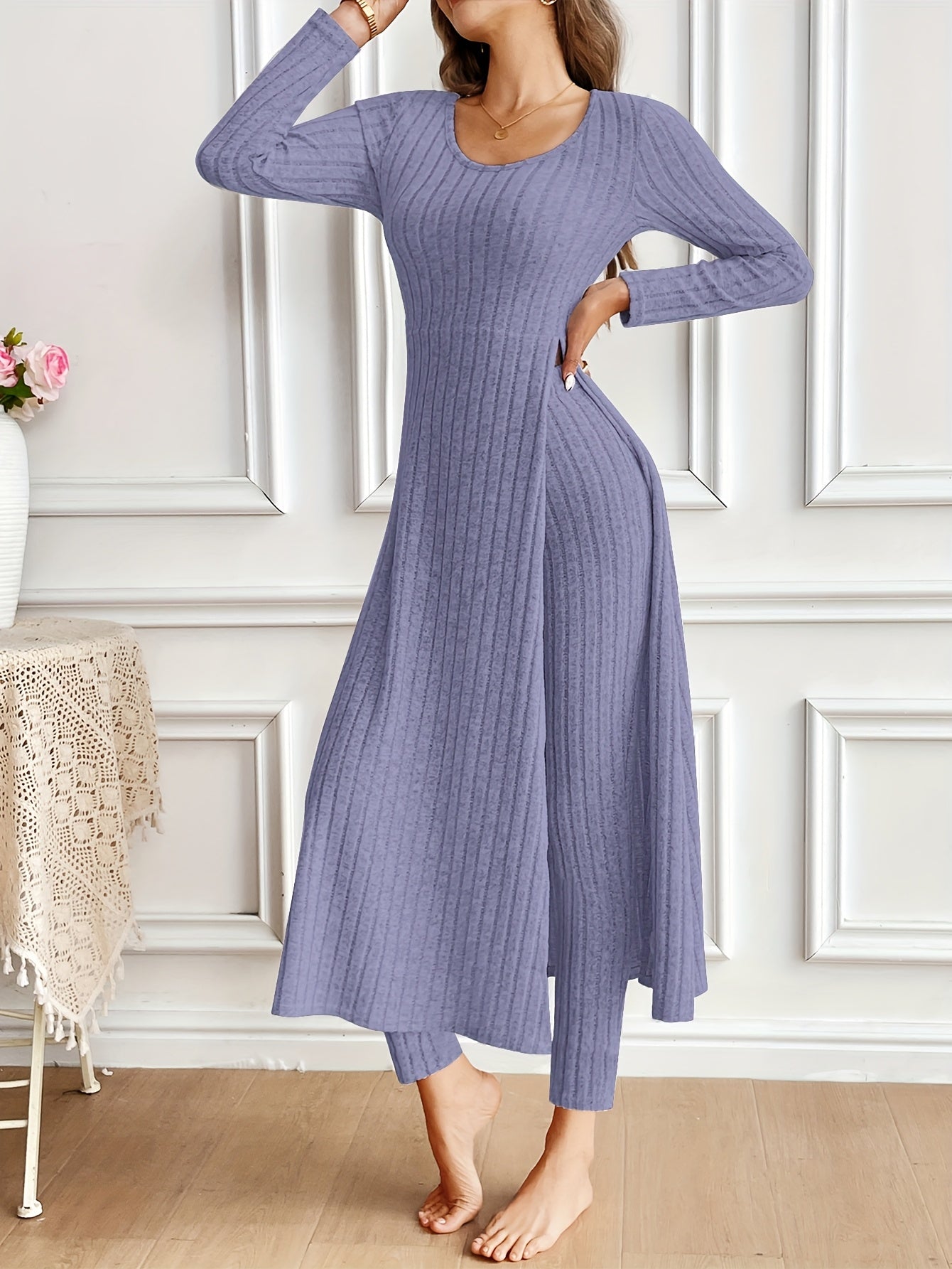 Ribbed Two-Piece Long-Sleeved Top and Pants Set