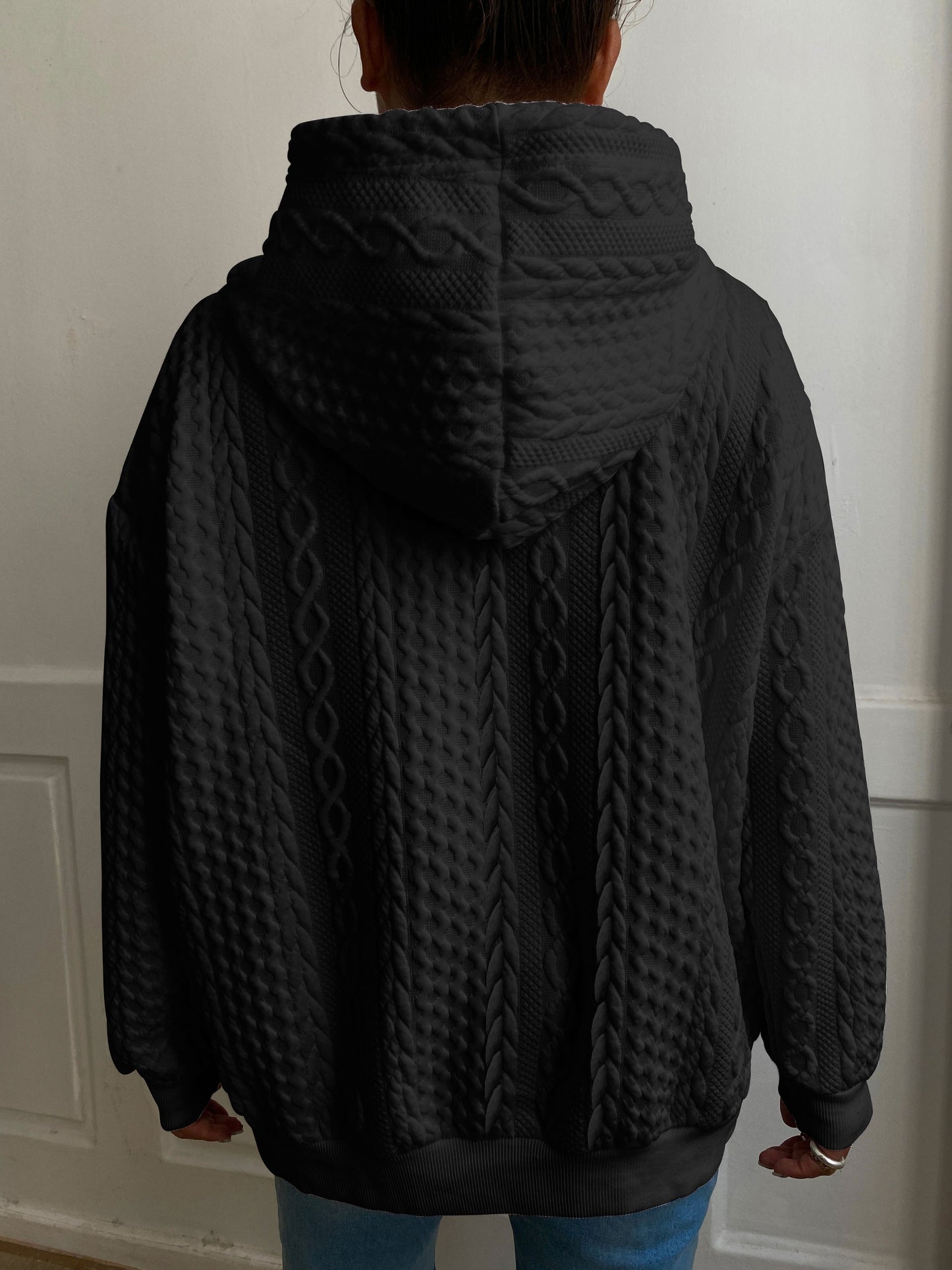 Plus Size Women's Solid Ribbed Long Sleeve Hoodie - Slight Stretch Drawstring Sweatshirt