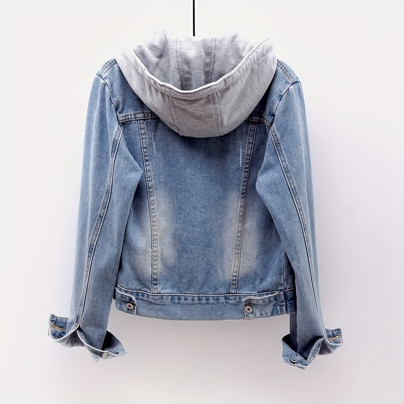 Women's Long Sleeve Denim Jacket with Removable Hood