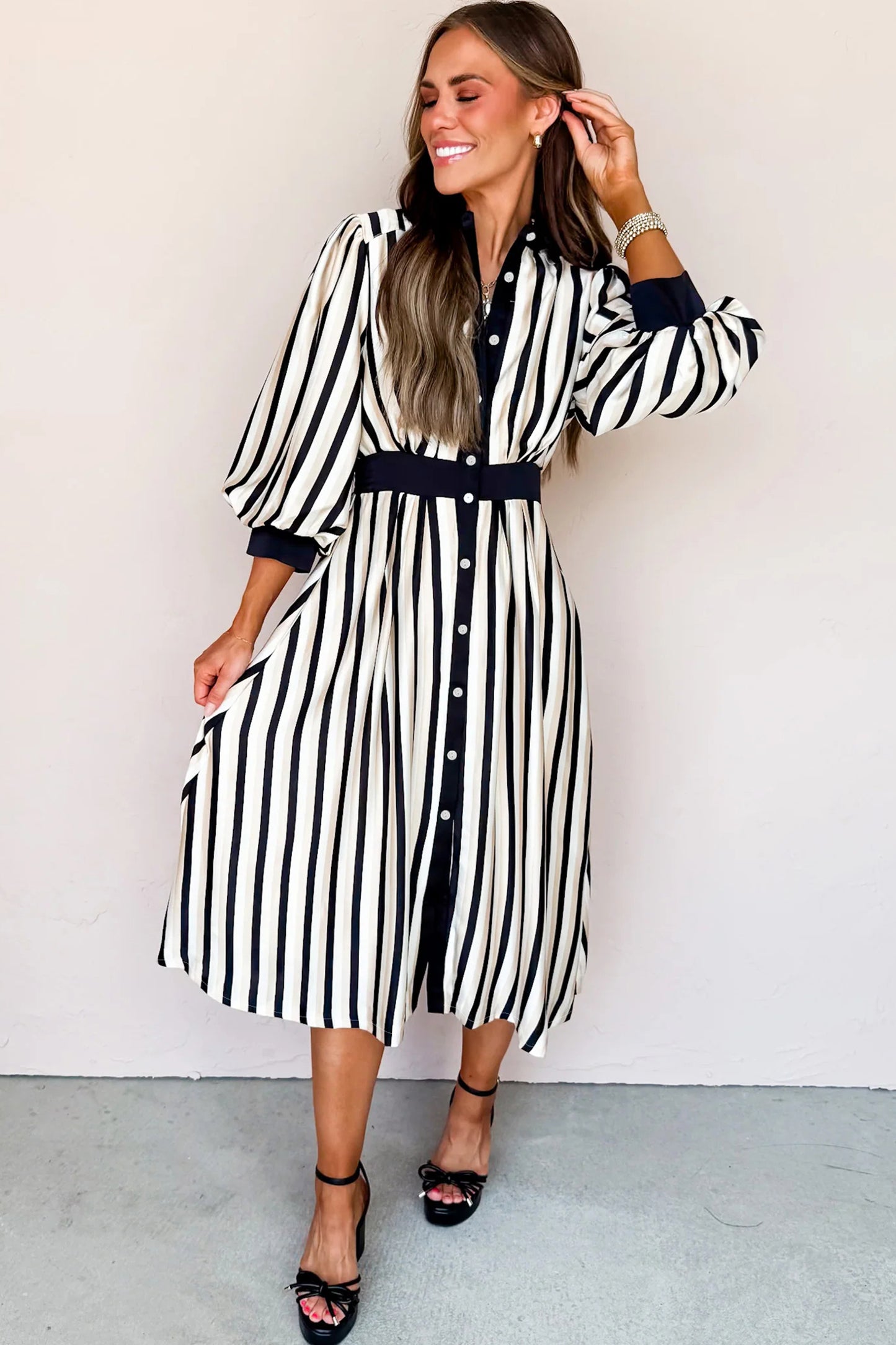 Black Stripe 3/4 Puff Sleeve Shirt Style Button Down Midi Dress