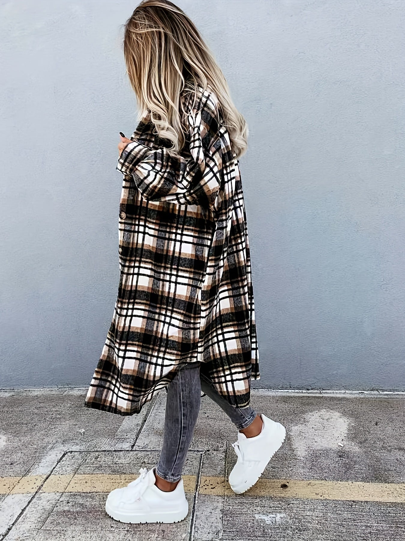 Stylish Plaid Print Womens Long Jacket - Relaxed Casual Button Front with Flap PocketsSl