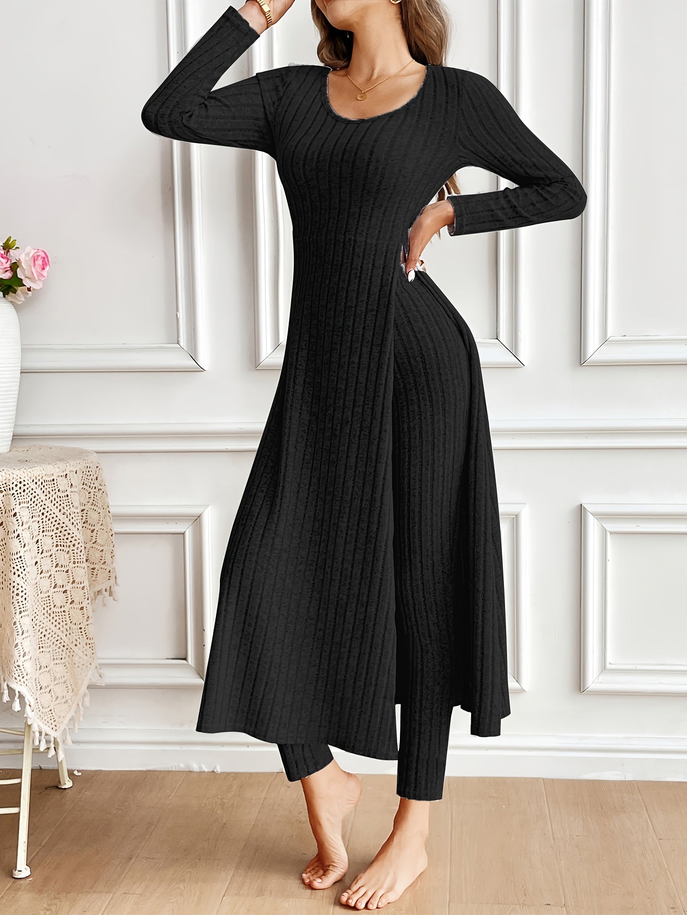 Ribbed Two-Piece Long-Sleeved Top and Pants Set