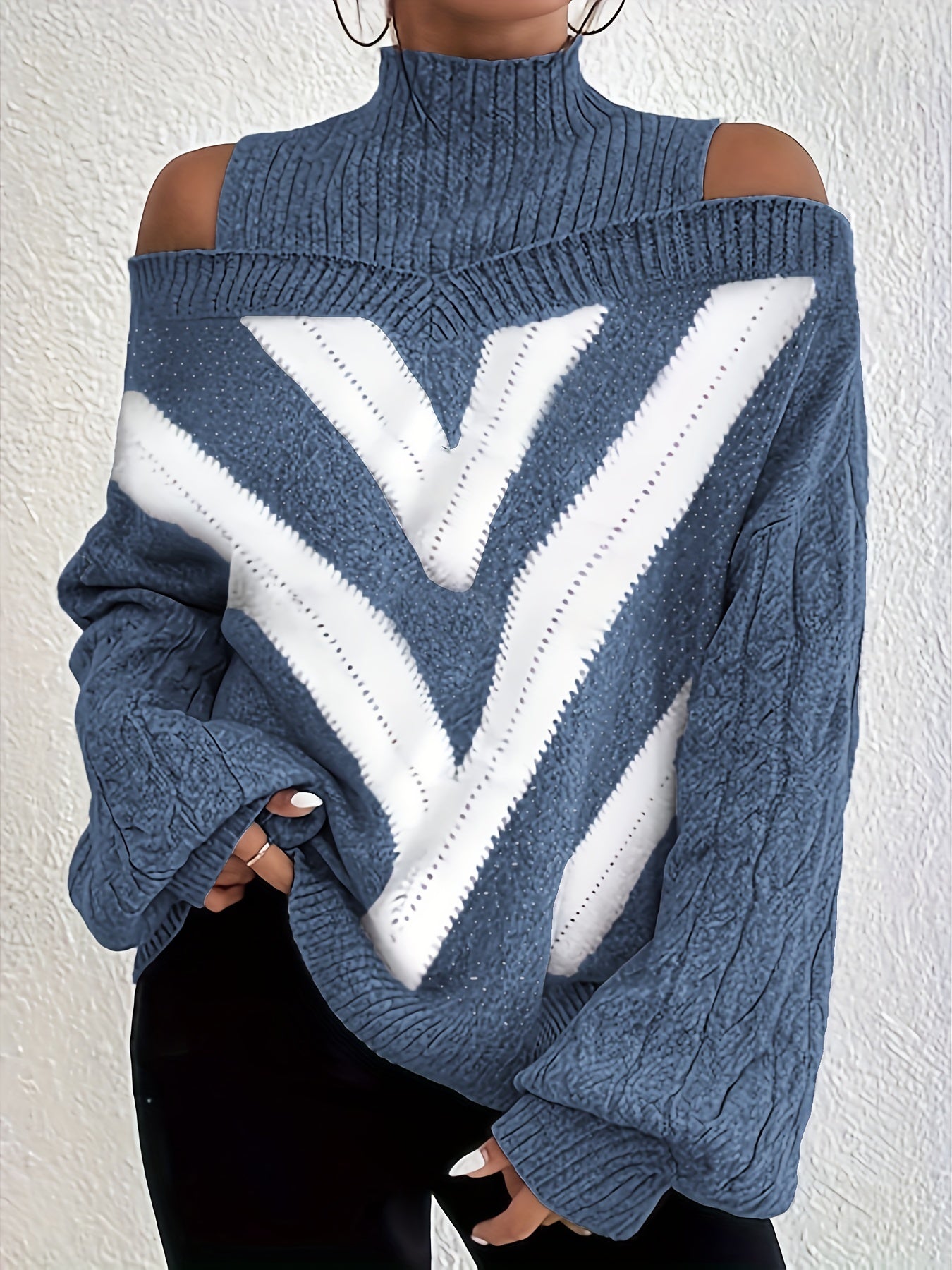 Plus Size Off-Shoulder High Neck Cable Sweater