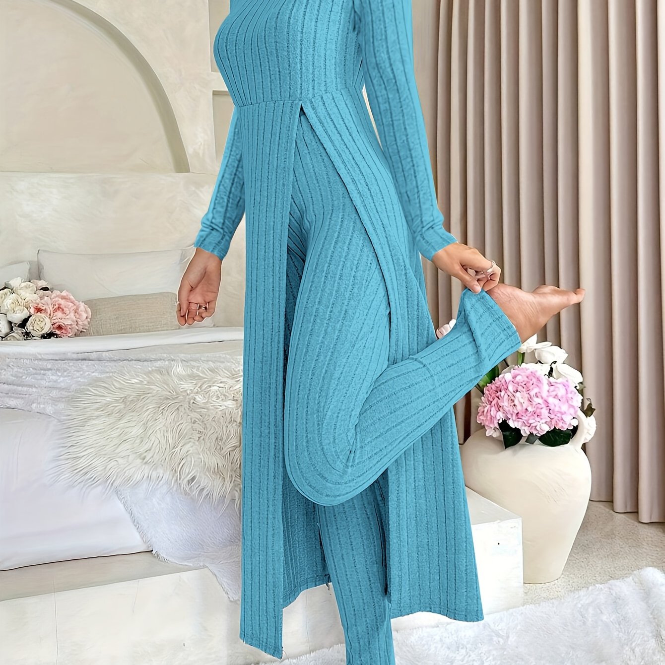 Ribbed Two-Piece Long-Sleeved Top and Pants Set