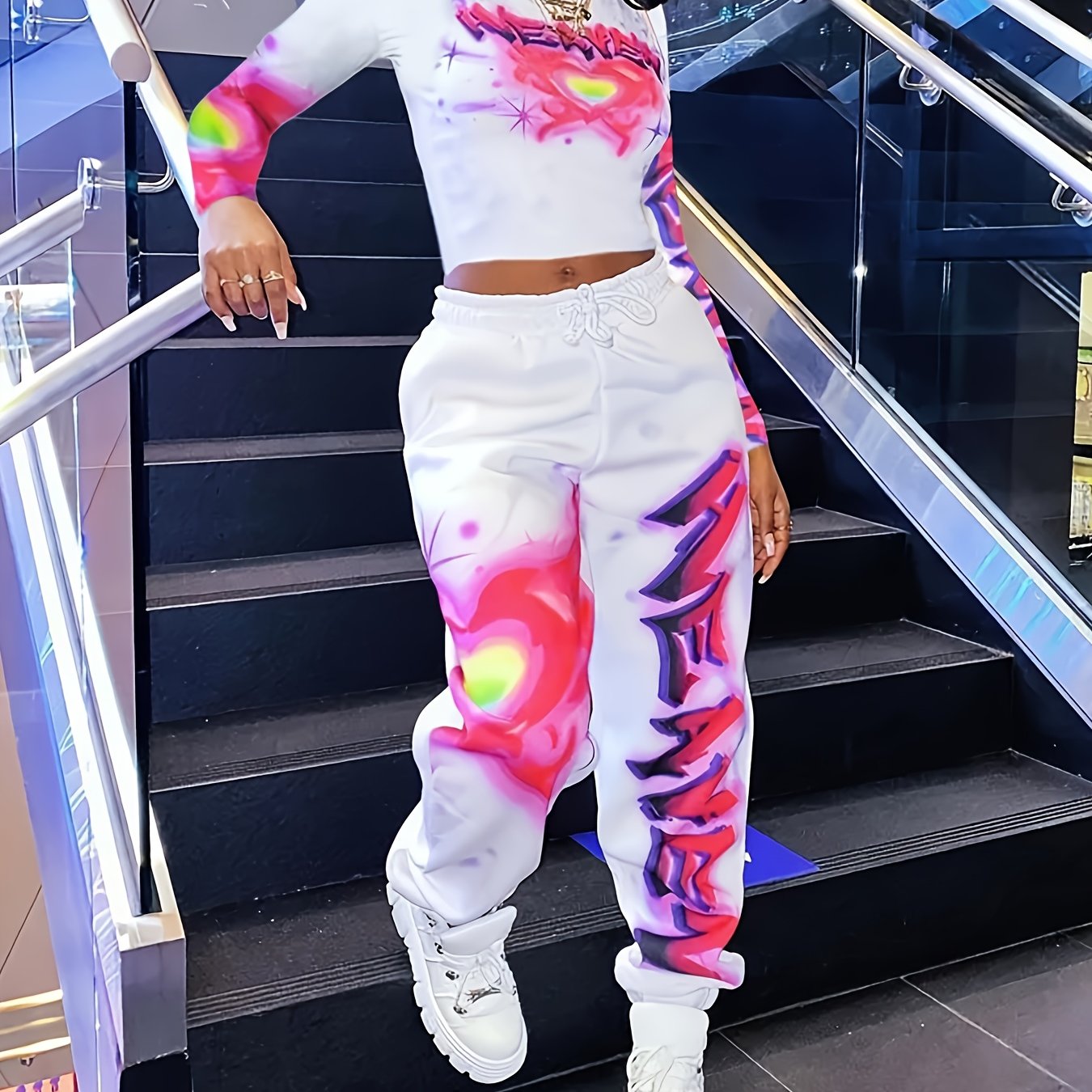 Women's Heart and Letter Print Long Sleeve Top and Waist Pants Set with Pockets