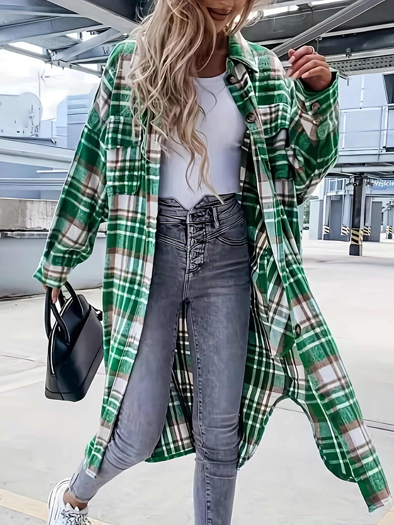 Stylish Plaid Print Womens Long Jacket - Relaxed Casual Button Front with Flap PocketsSl