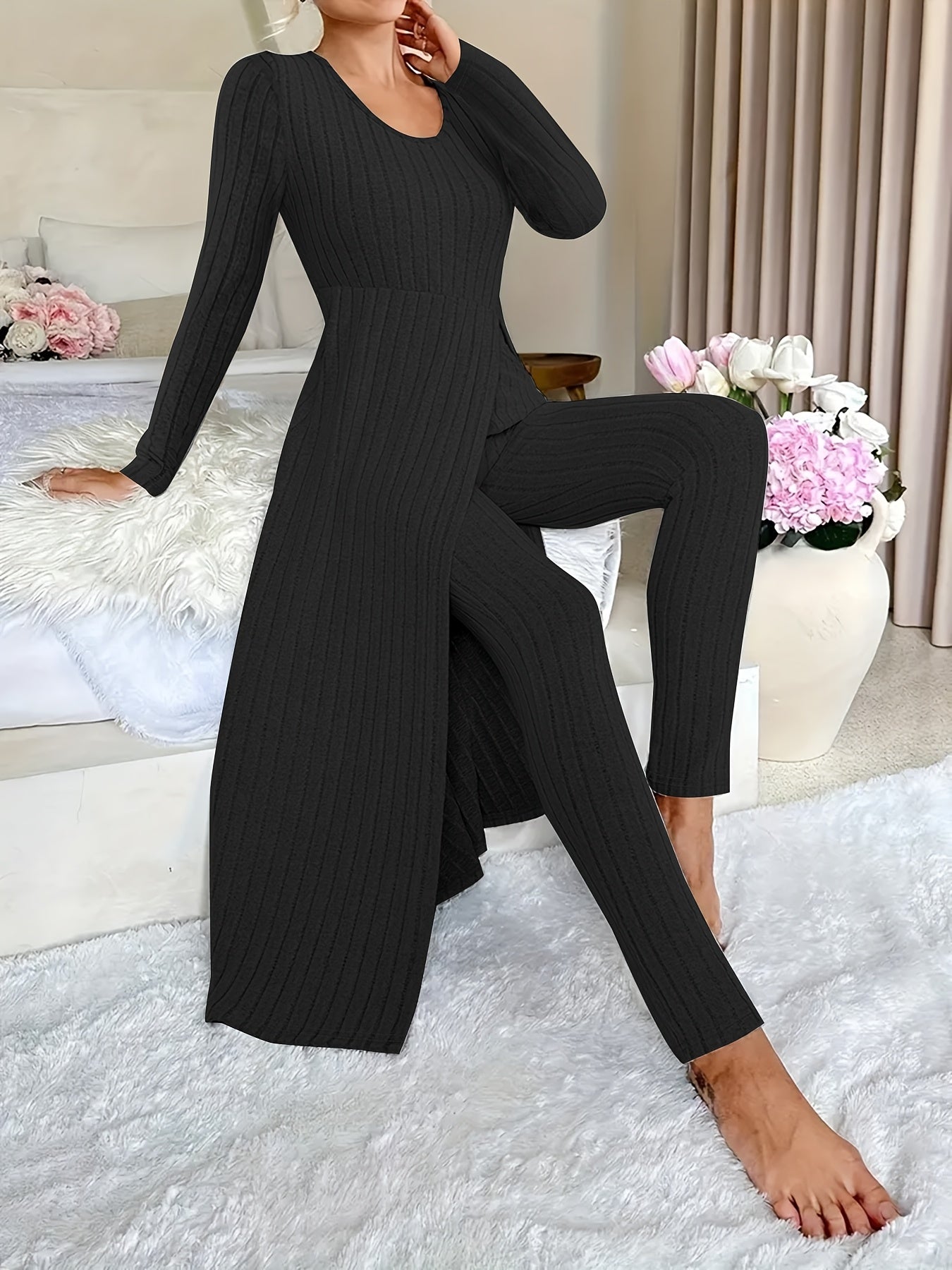 Ribbed Two-Piece Long-Sleeved Top and Pants Set