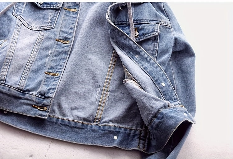 Women's Long Sleeve Denim Jacket with Removable Hood