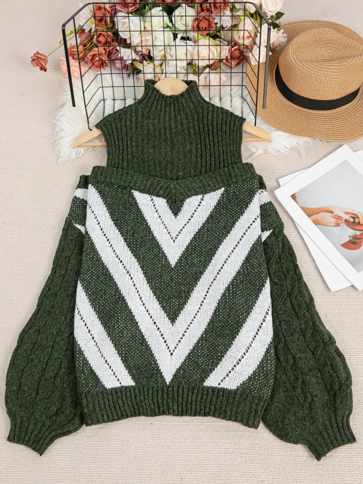 Plus Size Off-Shoulder High Neck Cable Sweater