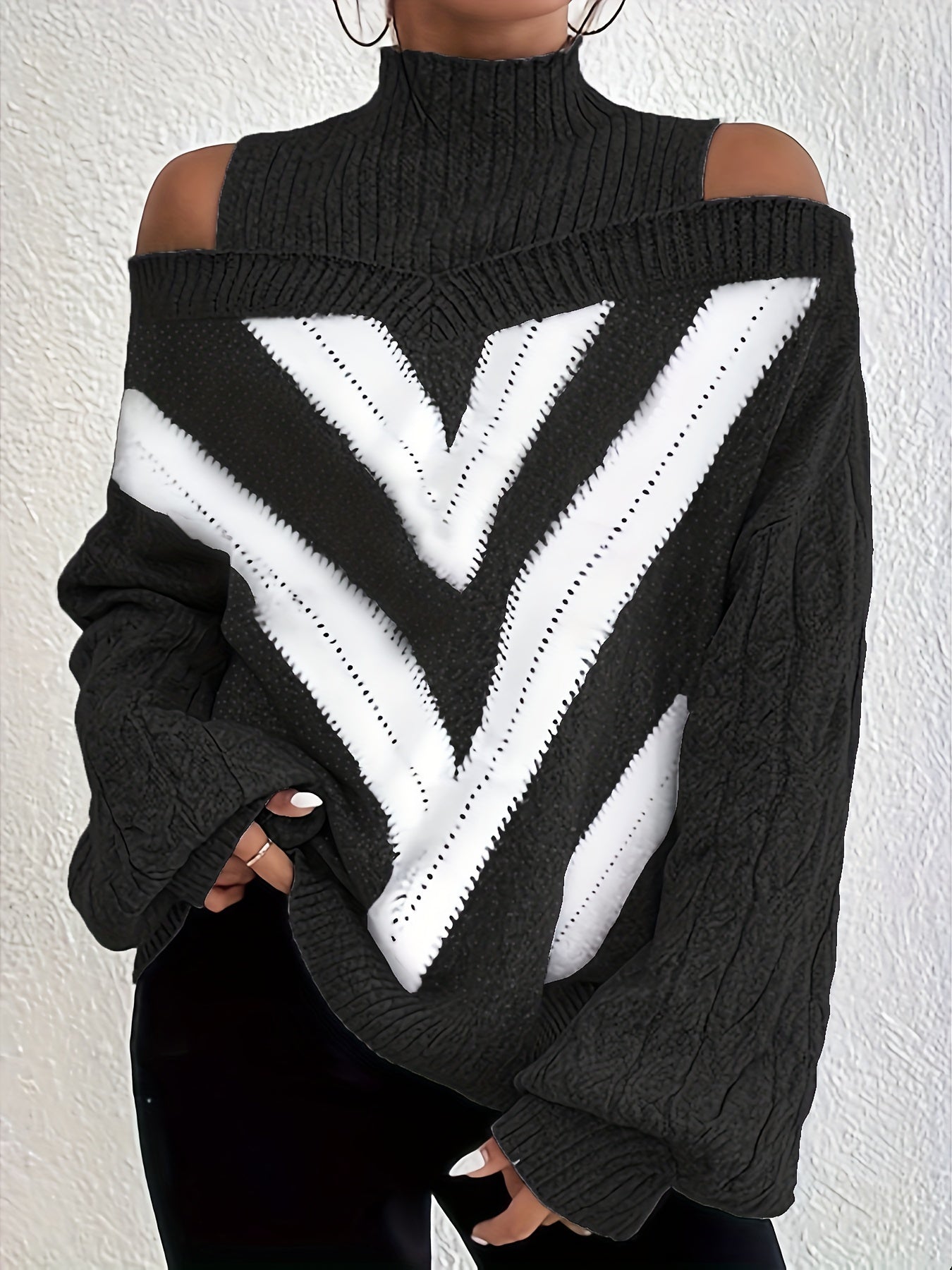 Plus Size Off-Shoulder High Neck Cable Sweater