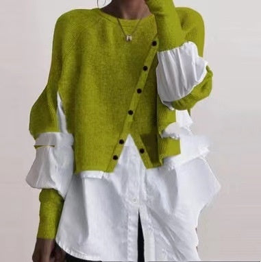 Women's Crew Neck Long Sleeve Knitted Multi-color Patchwork Shirt