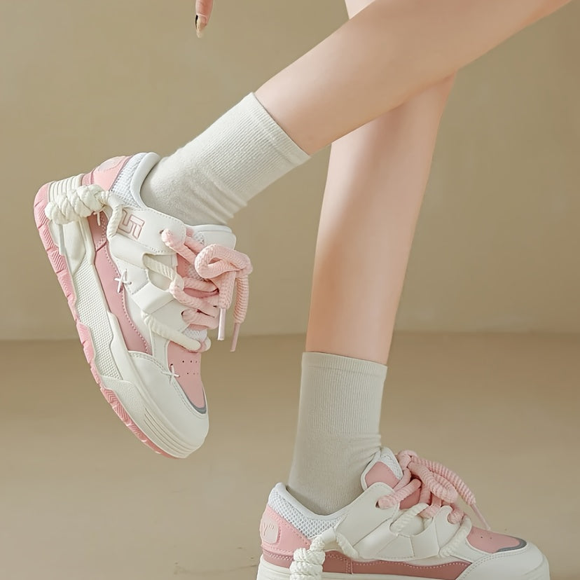 Cute Women's Chunky Pink Lace-Up Sneakers