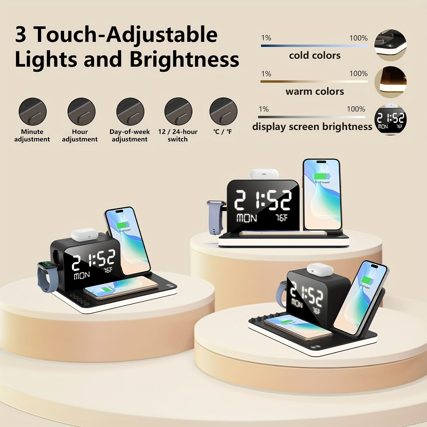 7 in 1 Dual Phone Wireless Charging Station with Night Light