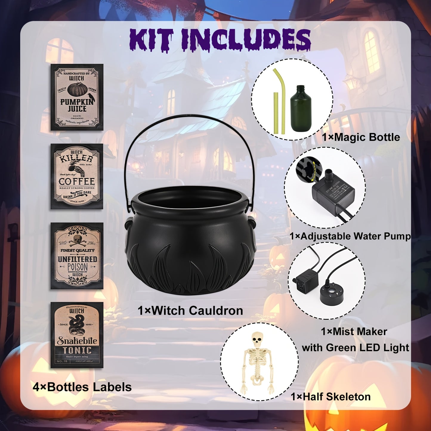 Half-Skeleton Cauldron with Magic Floating Potion & Fog Maker