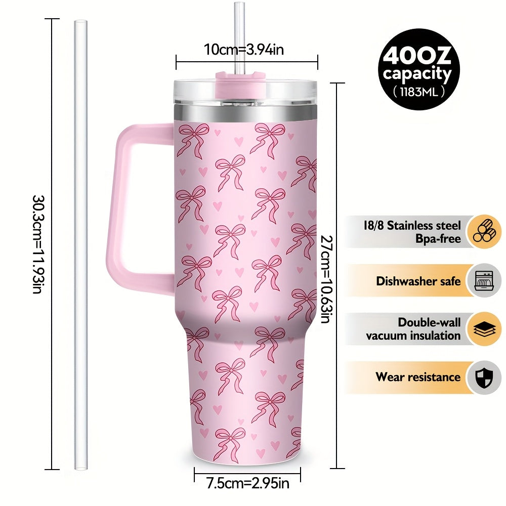 40oz Pink Bow Print Stainless Steel Insulated Tumbler