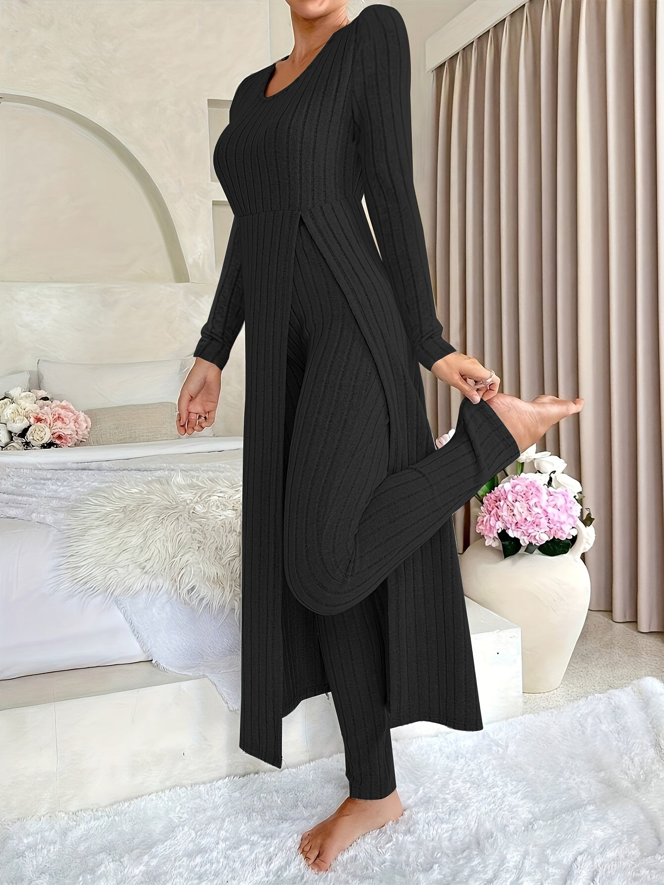 Ribbed Two-Piece Long-Sleeved Top and Pants Set