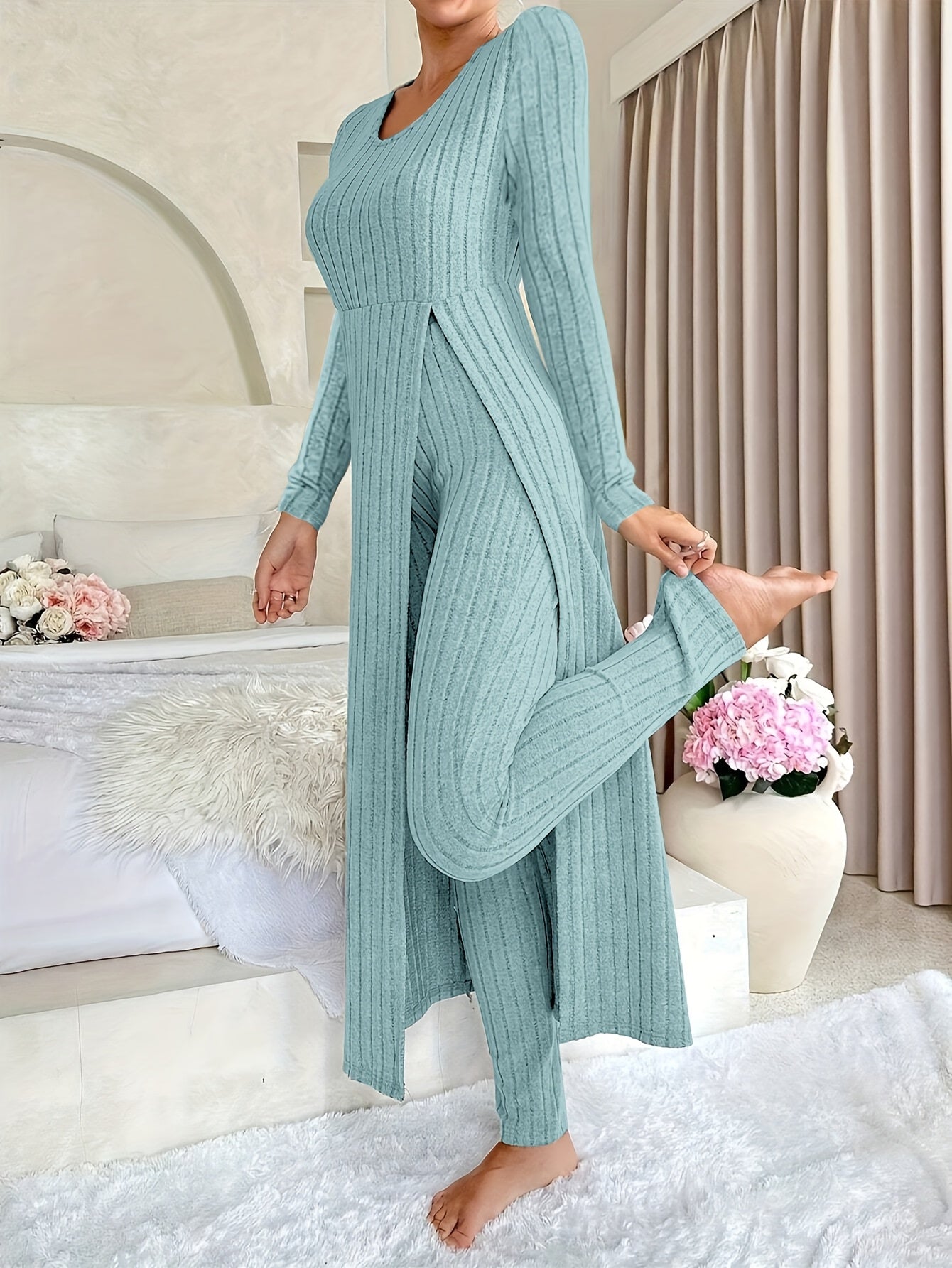 Ribbed Two-Piece Long-Sleeved Top and Pants Set