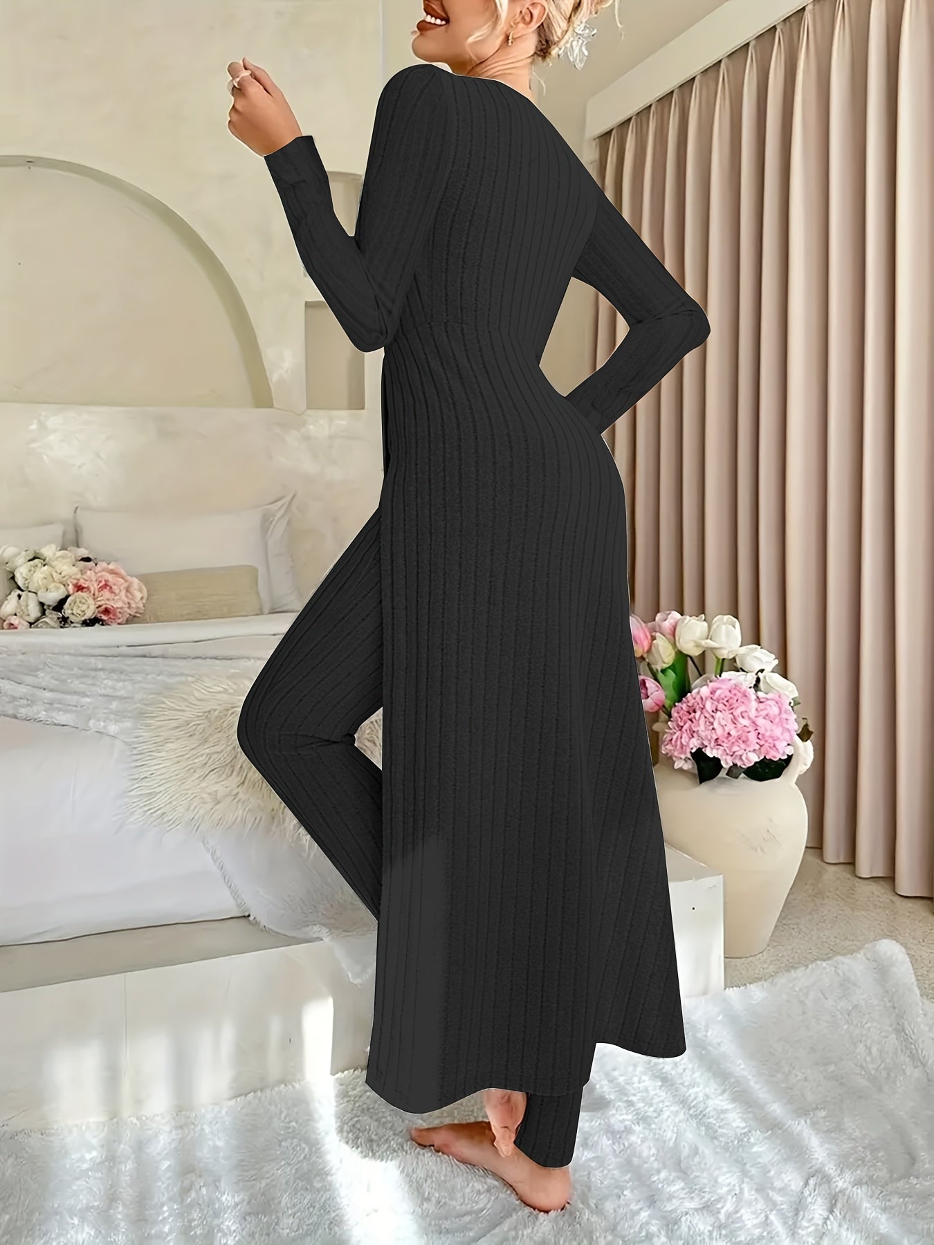 Ribbed Two-Piece Long-Sleeved Top and Pants Set
