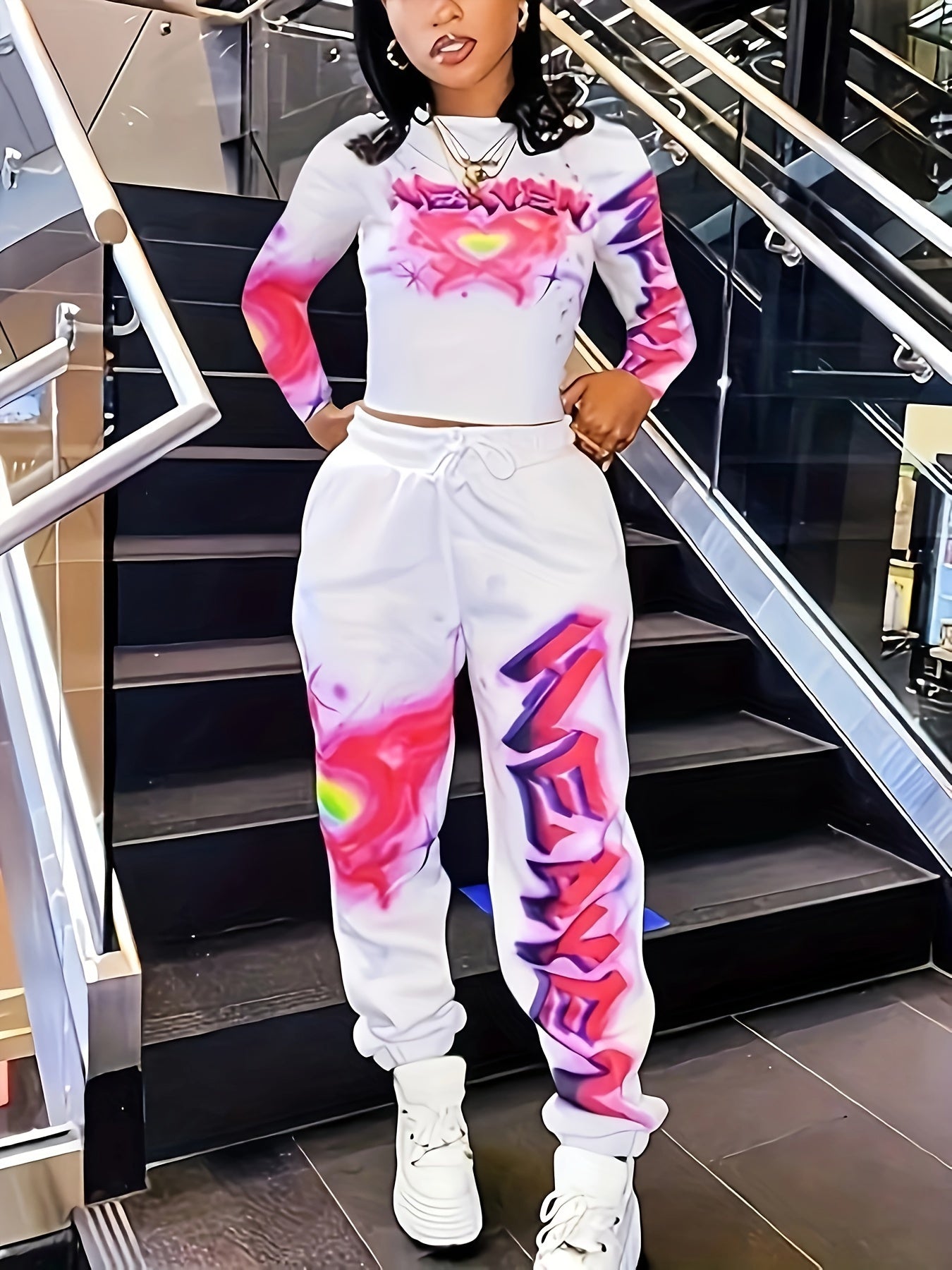 Women's Heart and Letter Print Long Sleeve Top and Waist Pants Set with Pockets