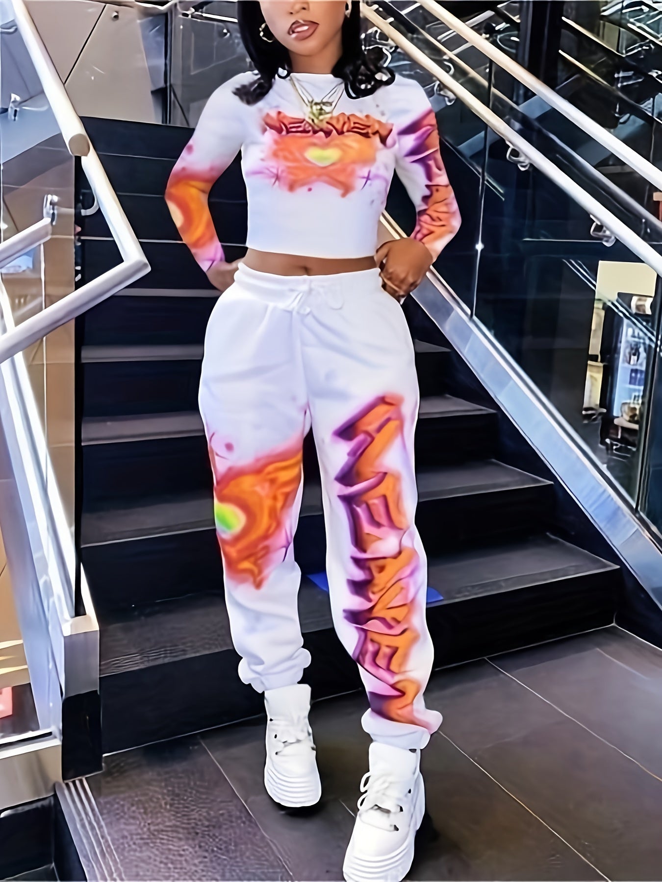 Women's Heart and Letter Print Long Sleeve Top and Waist Pants Set with Pockets