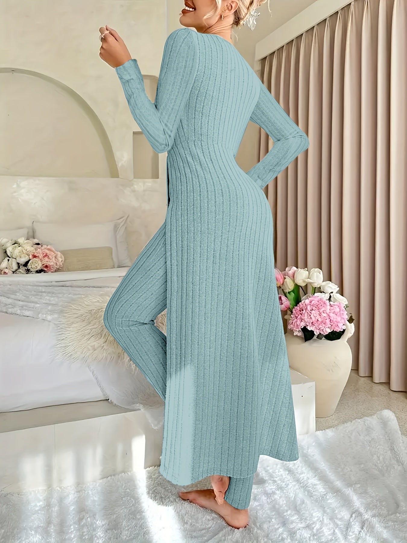 Ribbed Two-Piece Long-Sleeved Top and Pants Set