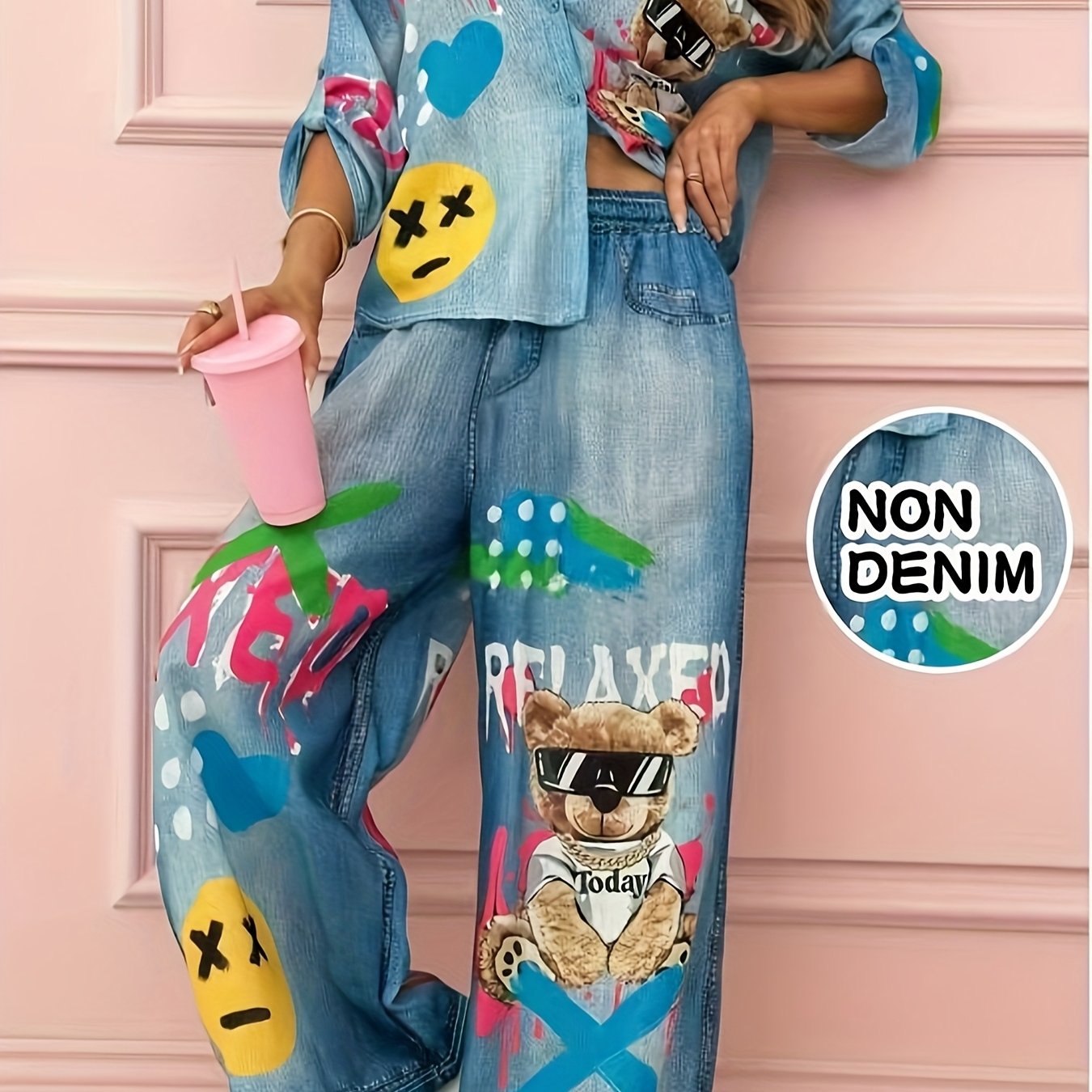Women's Cute Trendy Two-Piece Outfit Graffiti Set