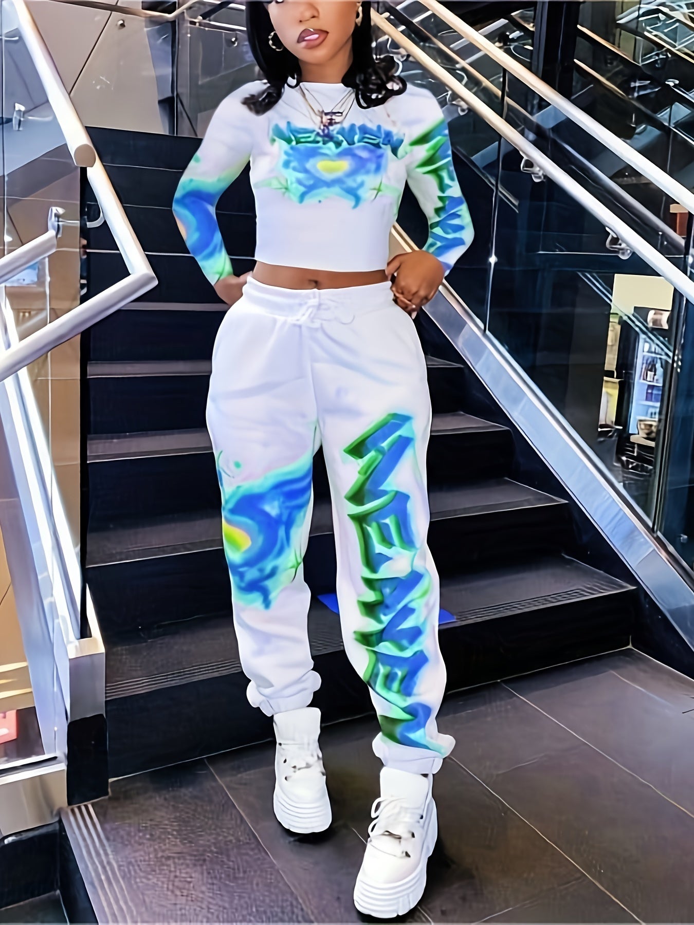 Women's Heart and Letter Print Long Sleeve Top and Waist Pants Set with Pockets