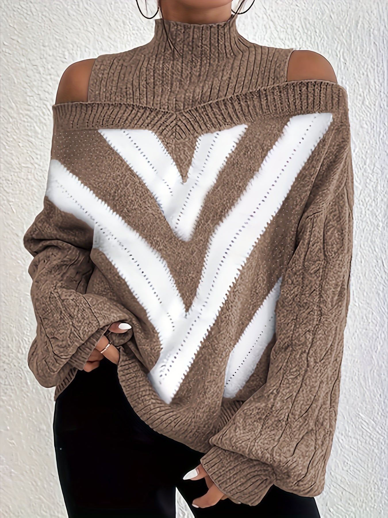 Plus Size Off-Shoulder High Neck Cable Sweater