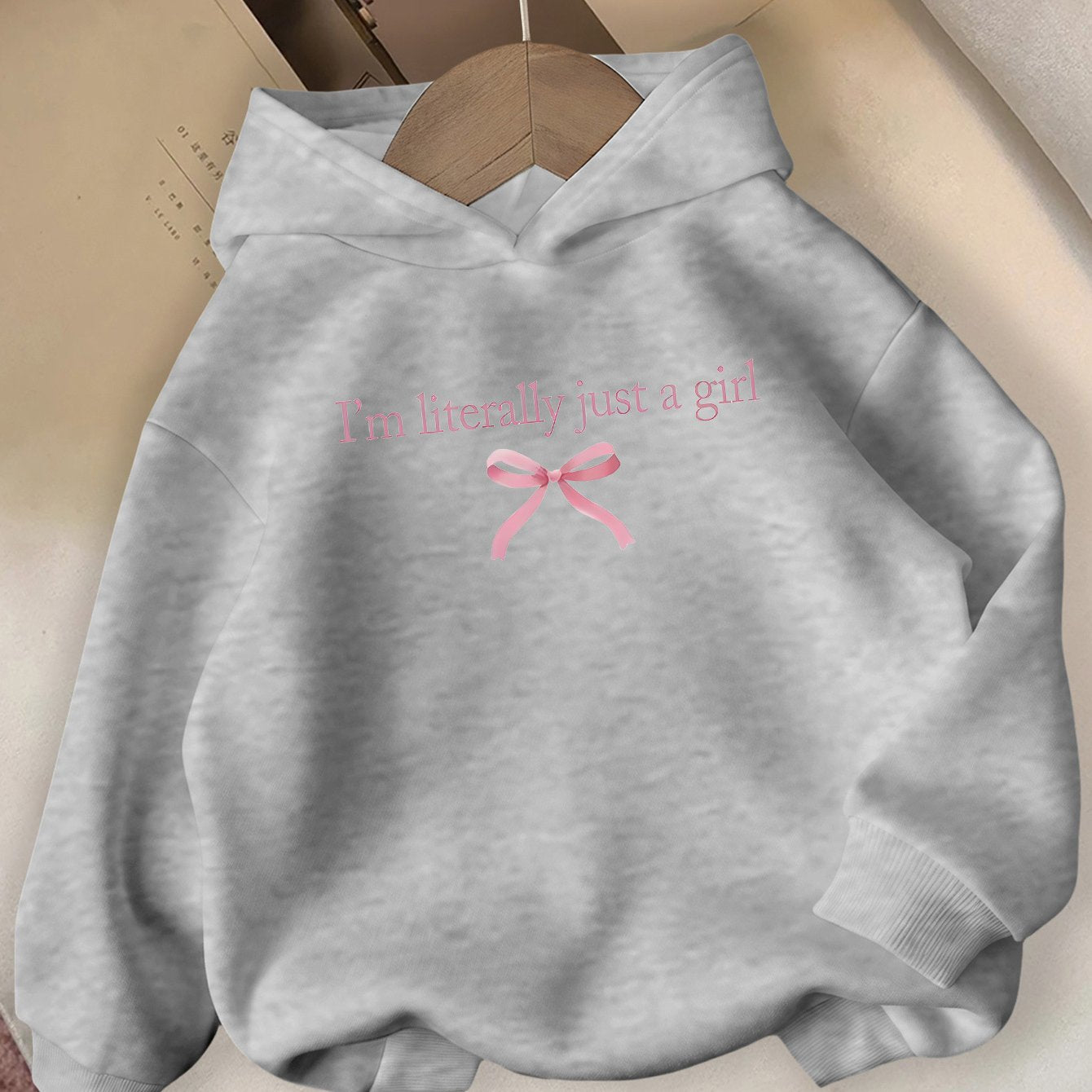 Girls' Autumn/Winter Hooded Sweatshirt with "I'm Literally Just a Girl" Print & Pink Bow