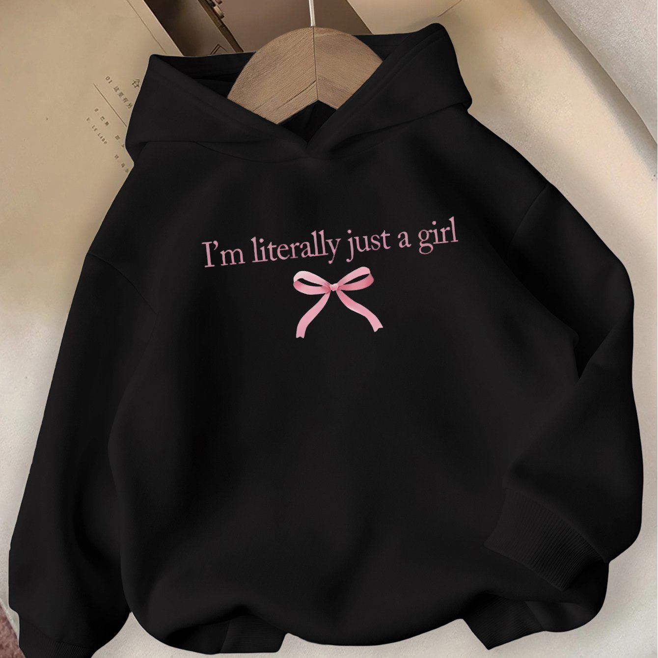 Girls' Autumn/Winter Hooded Sweatshirt with "I'm Literally Just a Girl" Print & Pink Bow