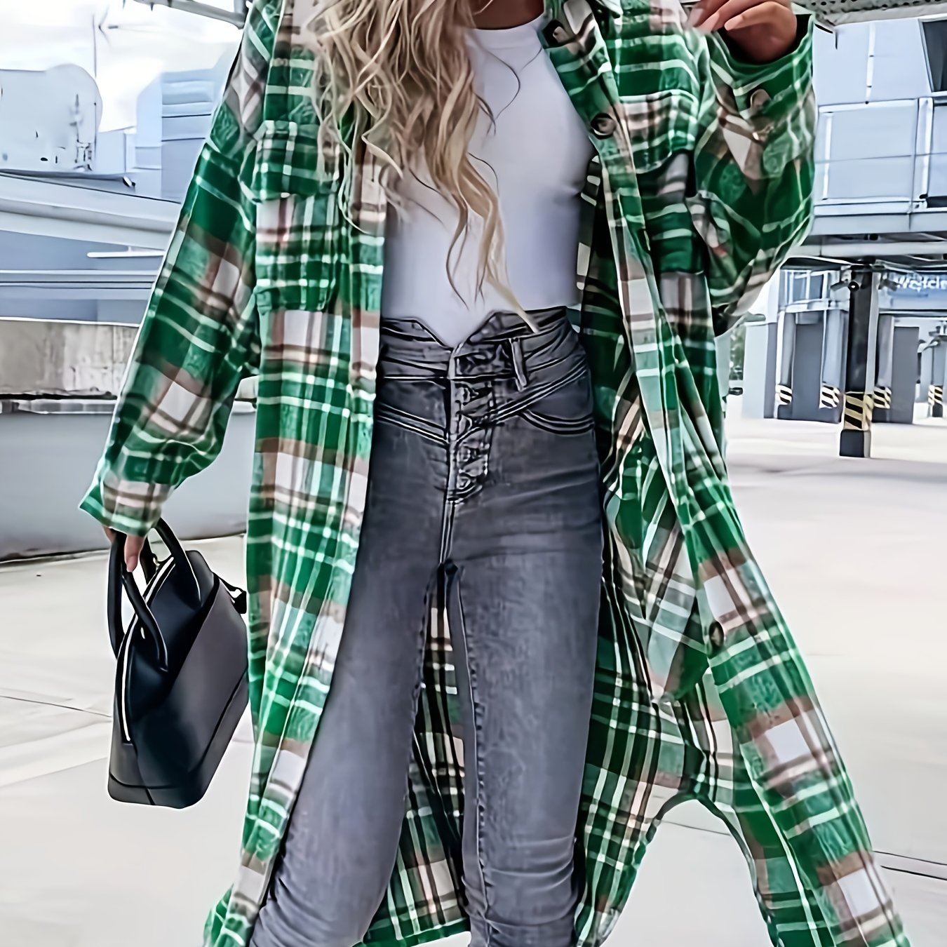 Stylish Plaid Print Womens Long Jacket - Relaxed Casual Button Front with Flap PocketsSl