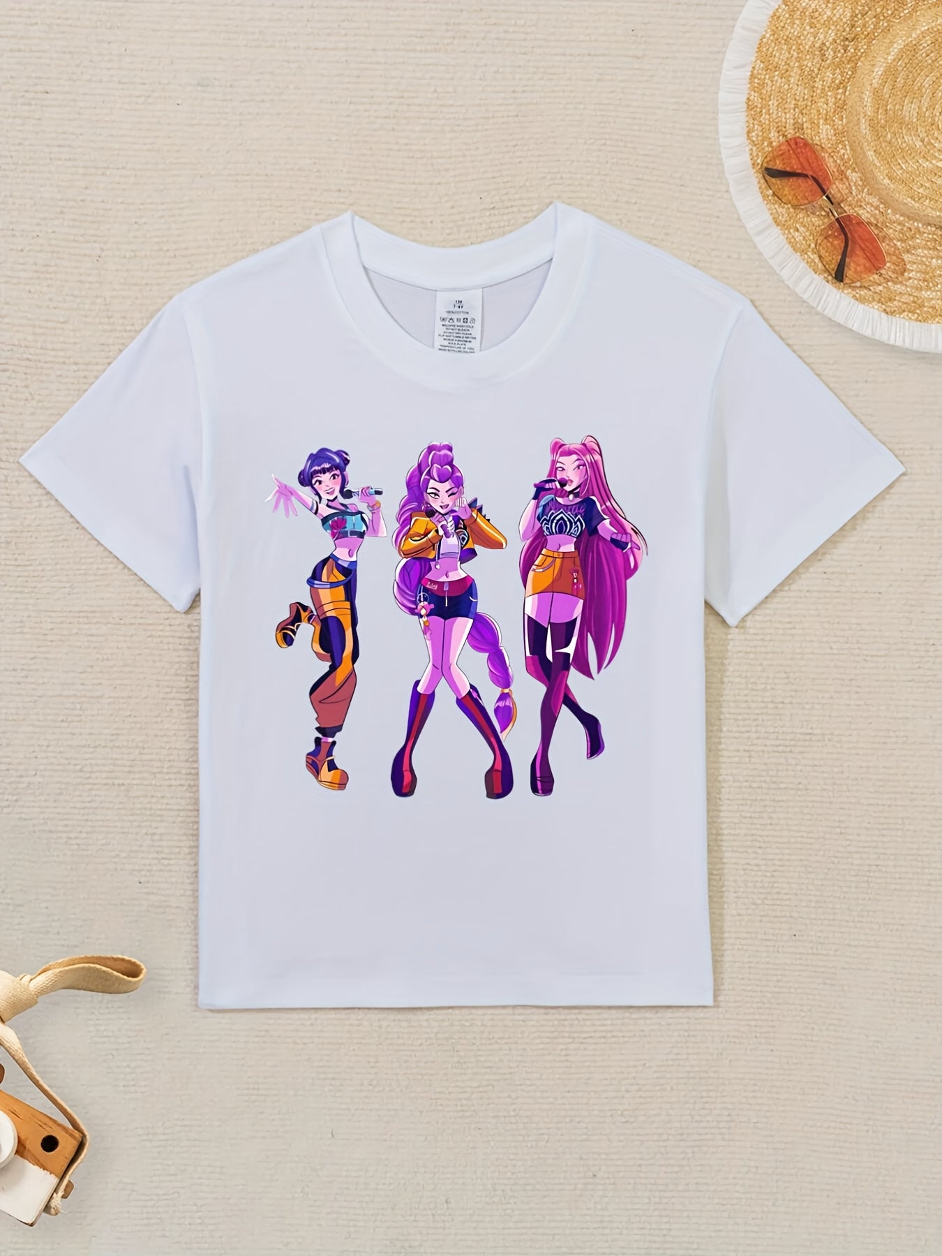 Girls' Kpop Graphic T-Shirt - Black Tee with Purple & Pink Characters