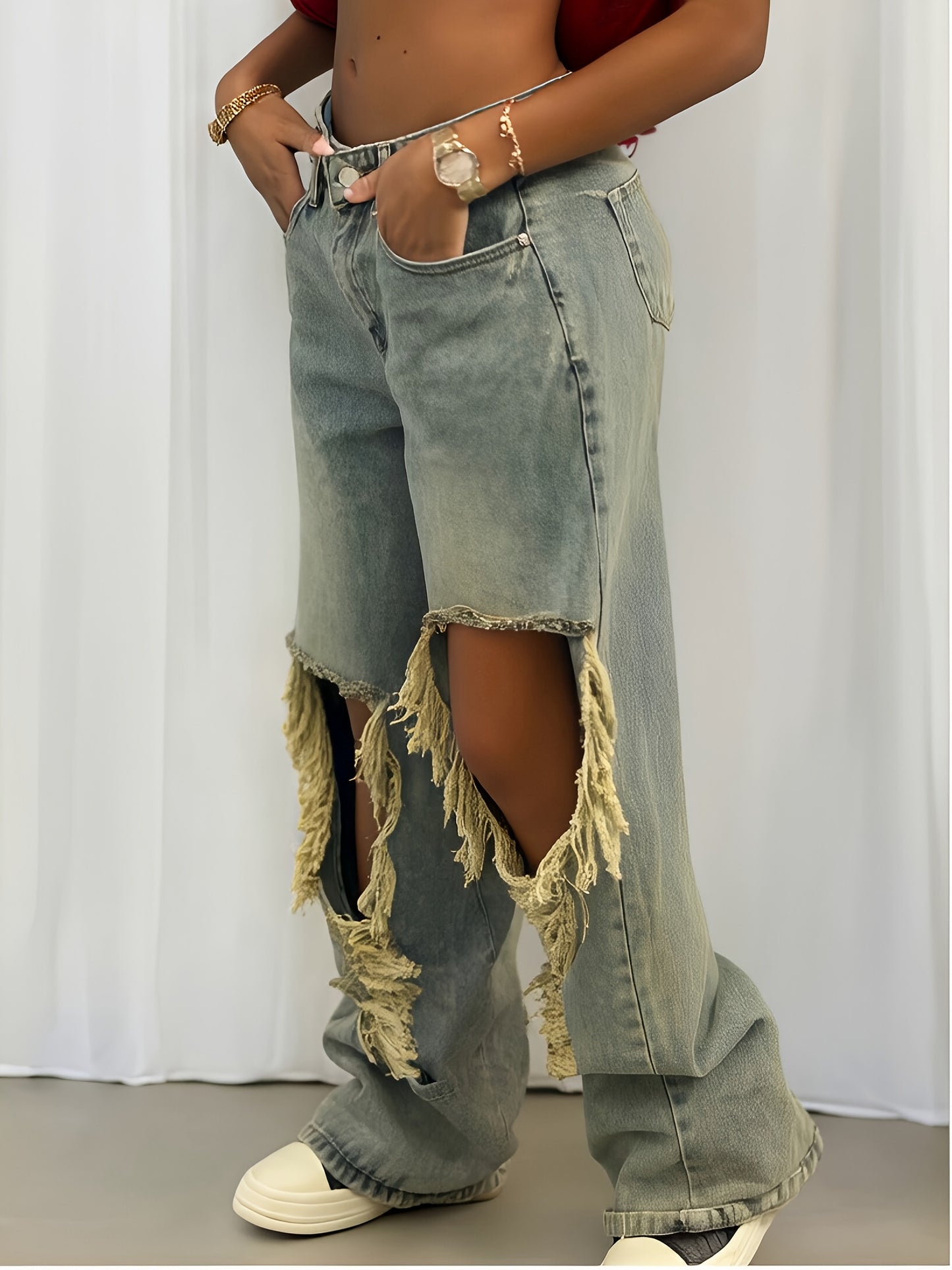 Women's Street Style High-Waisted Ripped Jeans Jeans