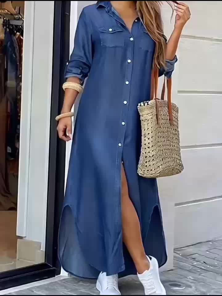 Elegant Women's Long Shirt Dress with Button-Up Collar