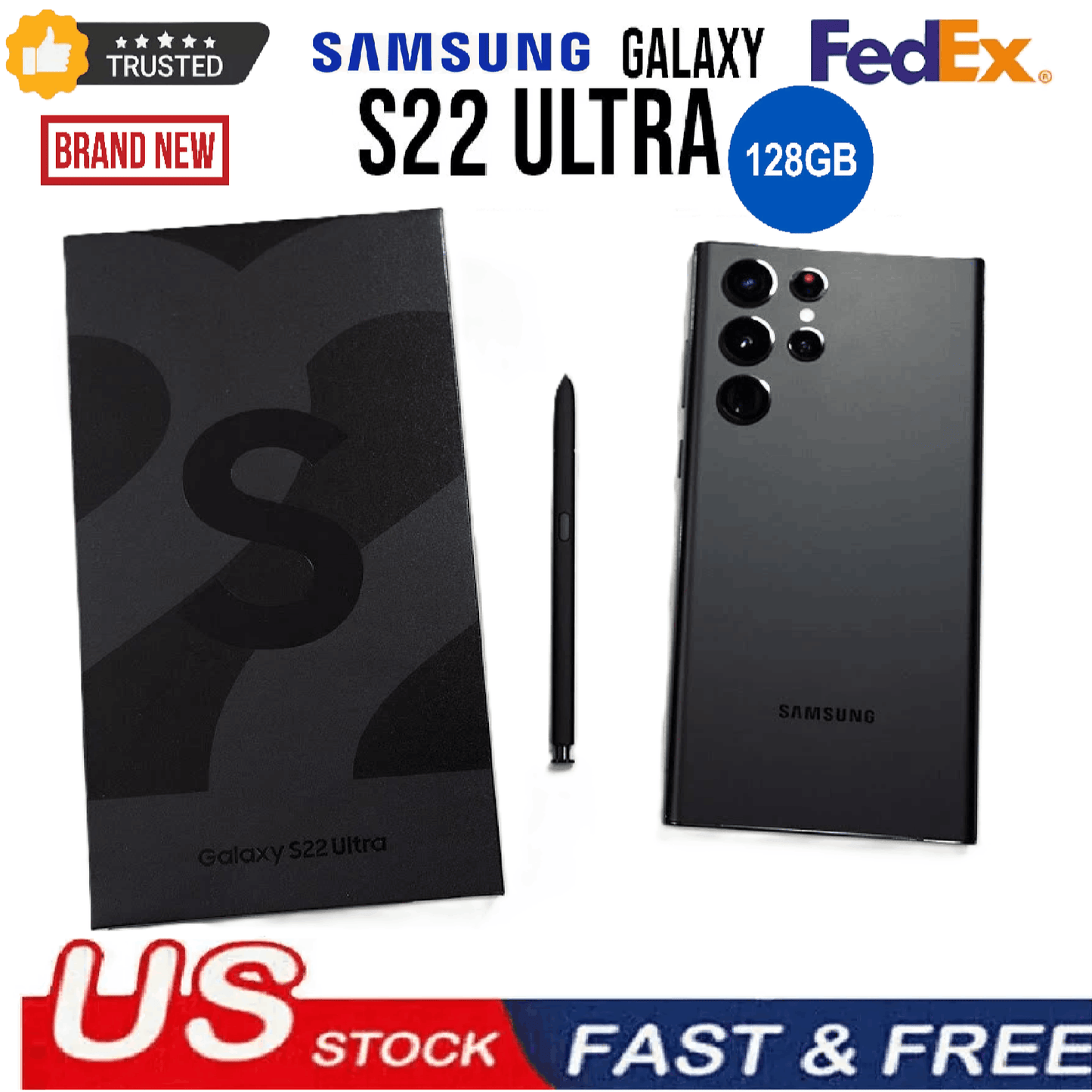 Samsung Galaxy S22 Ultra 5G 128GB (BLACK ) SM-S908U1 | Factory Unlocked | Brand New in Sealed Box | US Model | Android Smartphone with S Pen | Pro-Grade Camera | 6.8" QHD+ AMOLED Display | Snapdragon | Works with All Major Ca