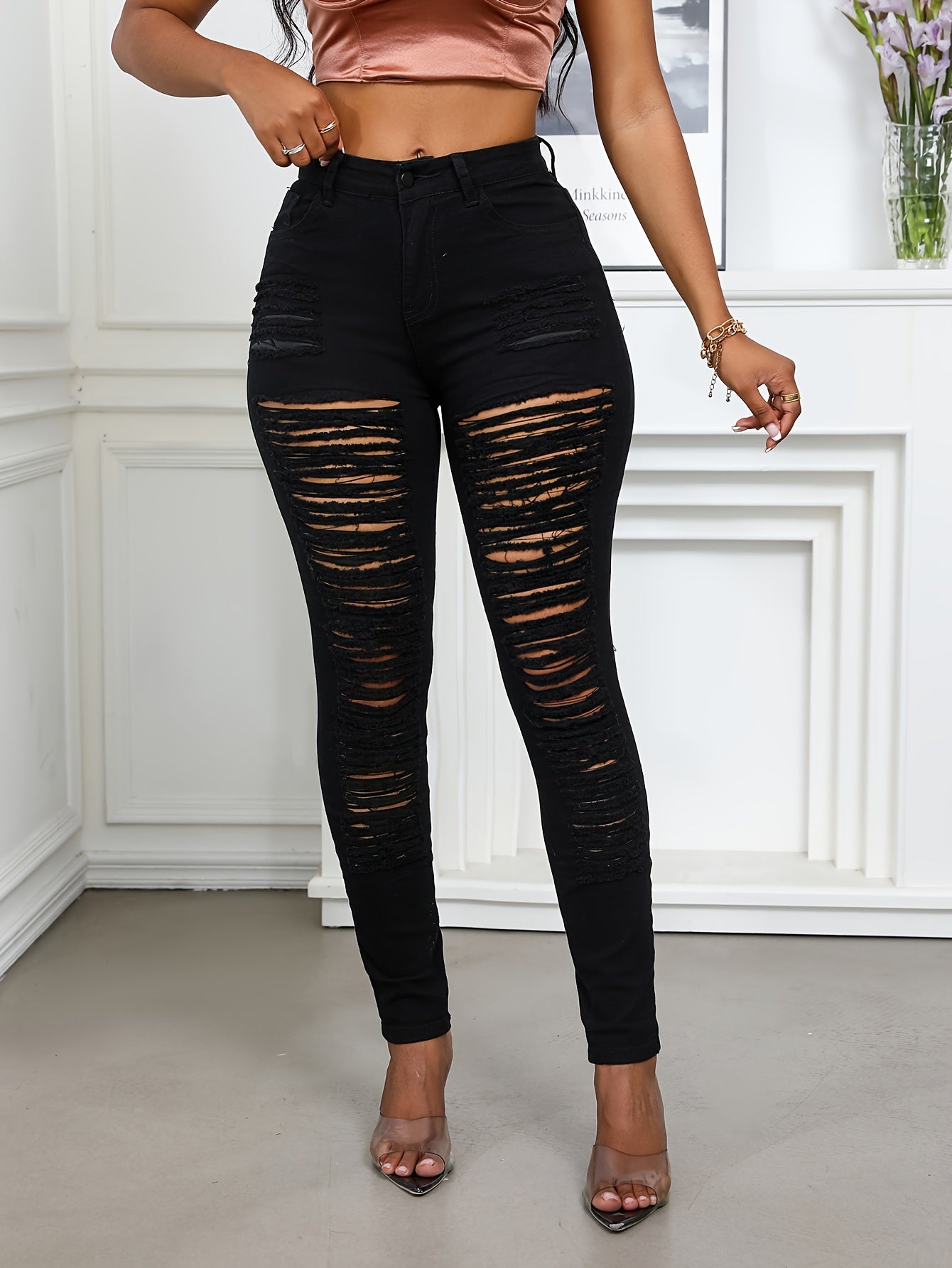 Women's Ripped Black And White Stretch Jeans