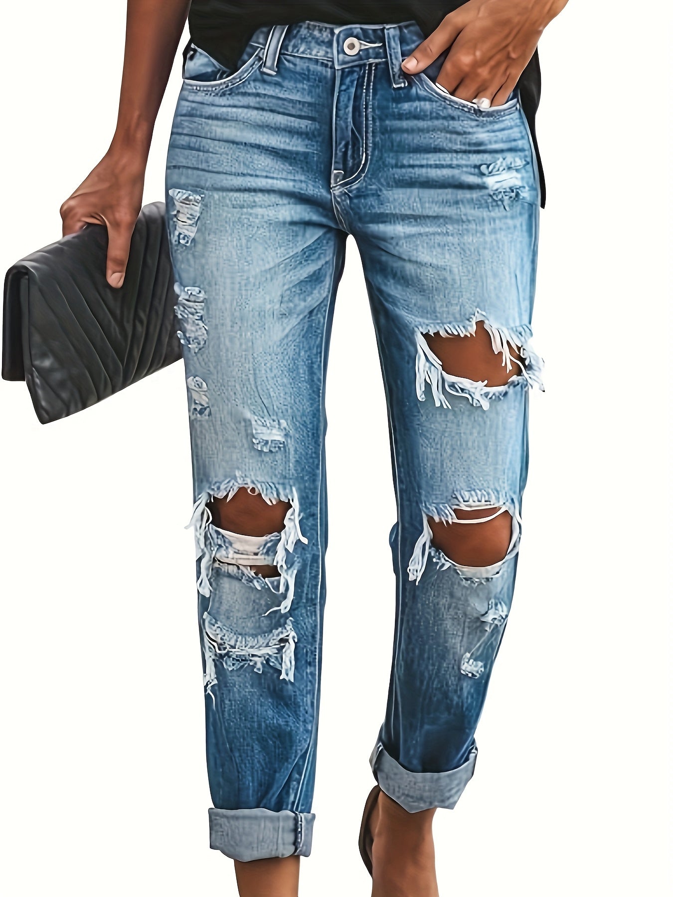 Fashion Retro Ripped Stretch Street Cuffed Jeans