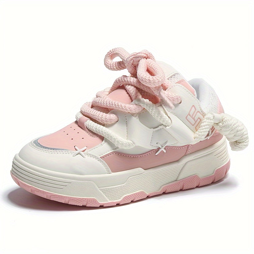 Cute Women's Chunky Pink Lace-Up Sneakers