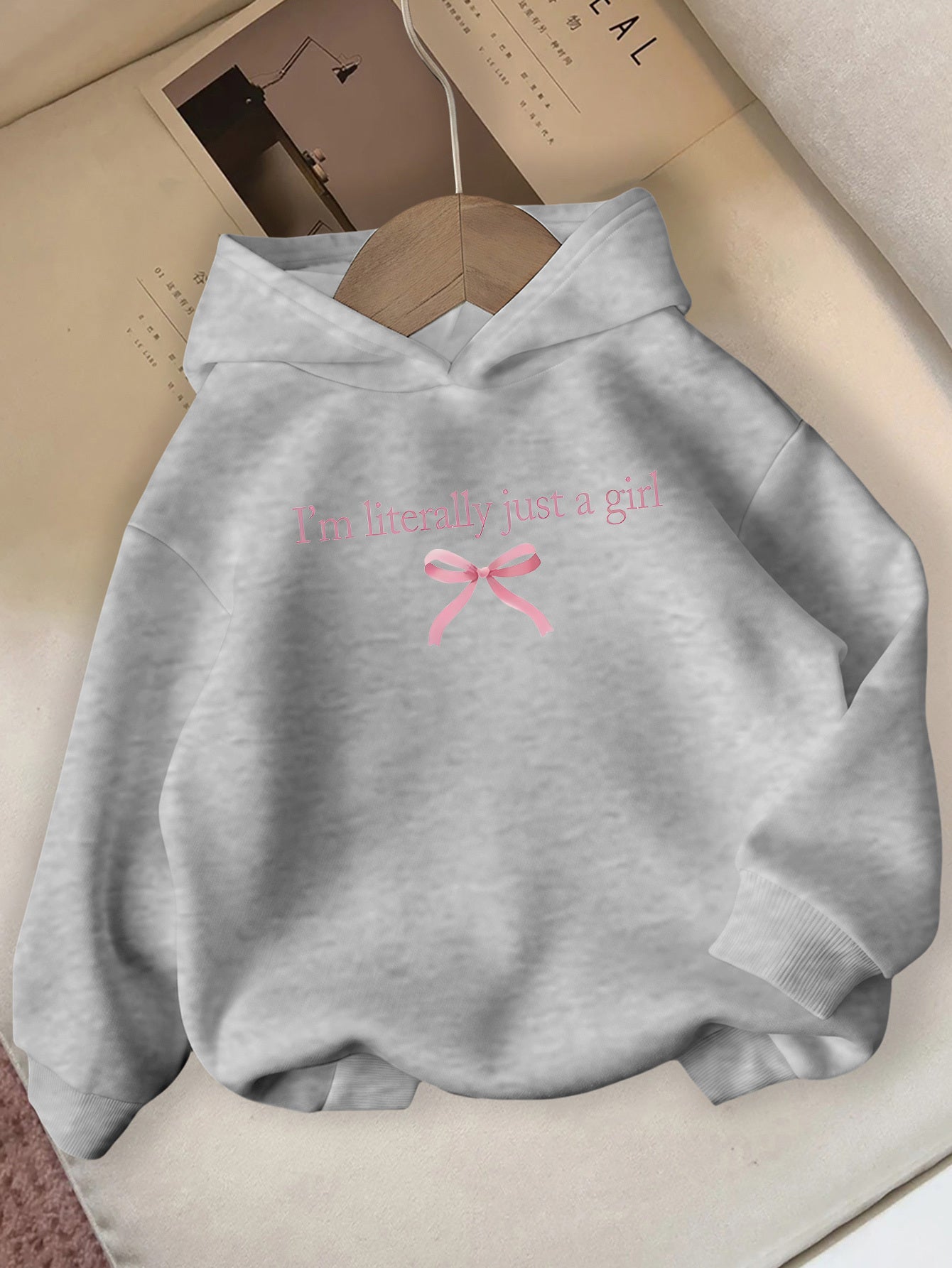 Girls' Autumn/Winter Hooded Sweatshirt with "I'm Literally Just a Girl" Print & Pink Bow