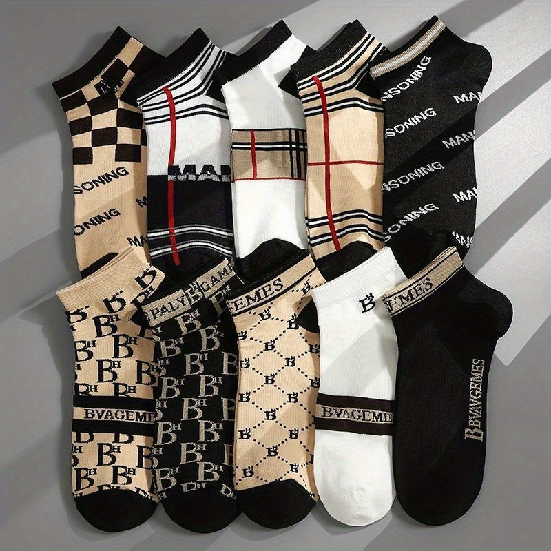 Men's Breathable Quick-Drying Light Luxury Sports Low-Top Socks - Sweat-Absorbing, 3D Tailoring & Deodorizing Design, Geometric Patterns in Black, Beige, Navy Blue, White | Polyester Spandex Blend | Ideal