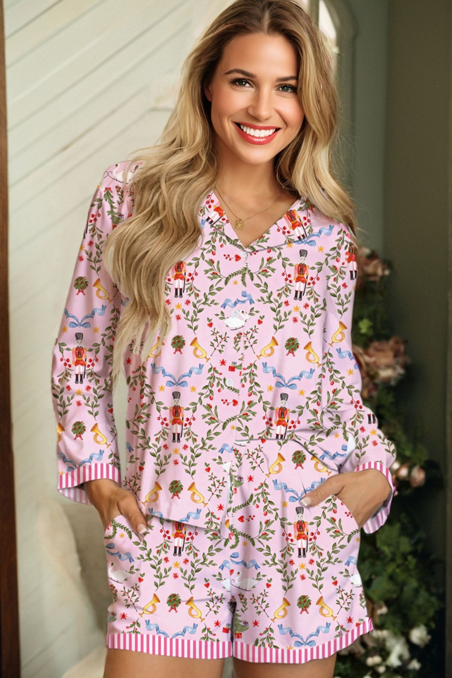 2pcs Pink Christmas Holiday Print Nutcracker Long Sleeve Shorts Pajama Set