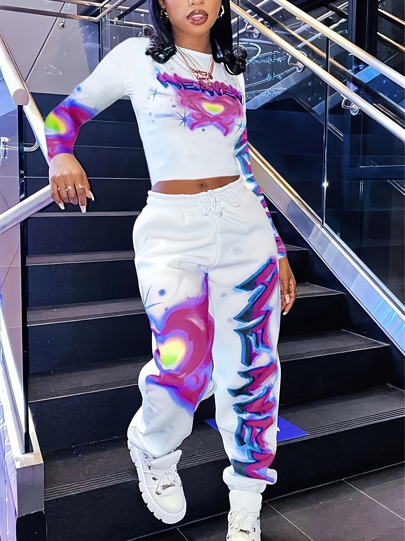 Women's Heart and Letter Print Long Sleeve Top and Waist Pants Set with Pockets